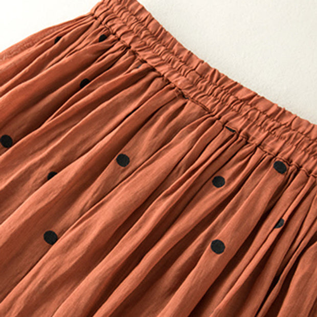 Buddha Stones Artistic Vintage Dot Pattern Women's Cotton Linen Pleated Skirt