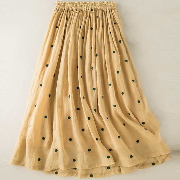 Buddha Stones Artistic Vintage Dot Pattern Women's Cotton Linen Pleated Skirt