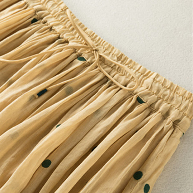 Buddha Stones Artistic Vintage Dot Pattern Women's Cotton Linen Pleated Skirt