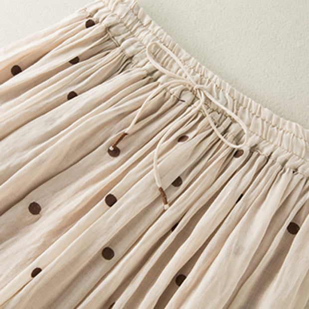 Buddha Stones Artistic Vintage Dot Pattern Women's Cotton Linen Pleated Skirt