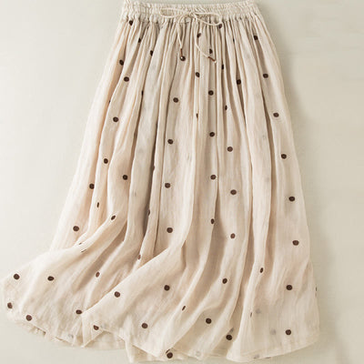Buddha Stones Artistic Vintage Dot Pattern Women's Cotton Linen Pleated Skirt