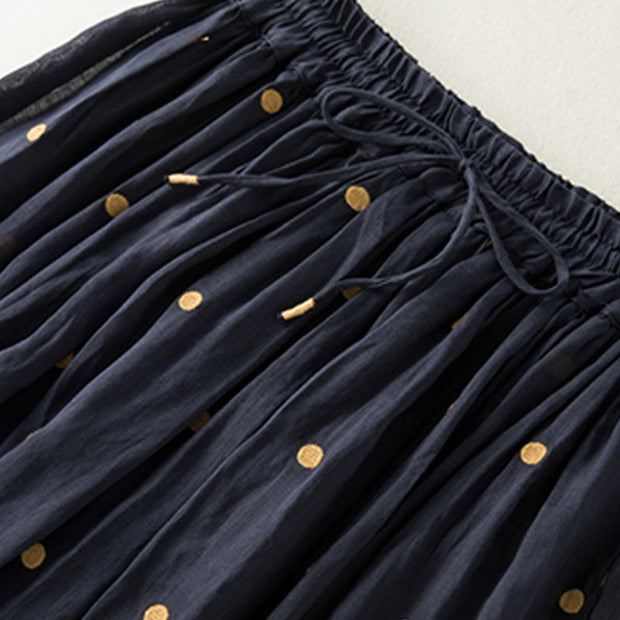 Buddha Stones Artistic Vintage Dot Pattern Women's Cotton Linen Pleated Skirt