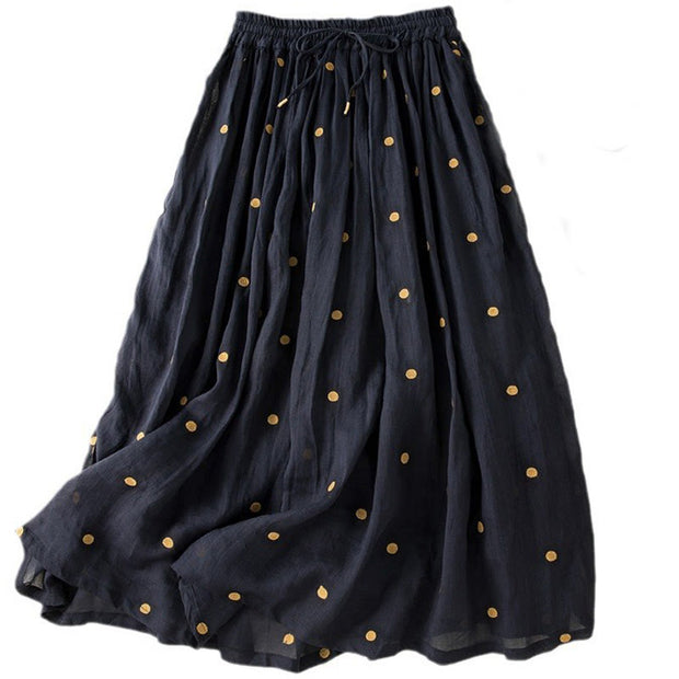 Buddha Stones Artistic Vintage Dot Pattern Women's Cotton Linen Pleated Skirt