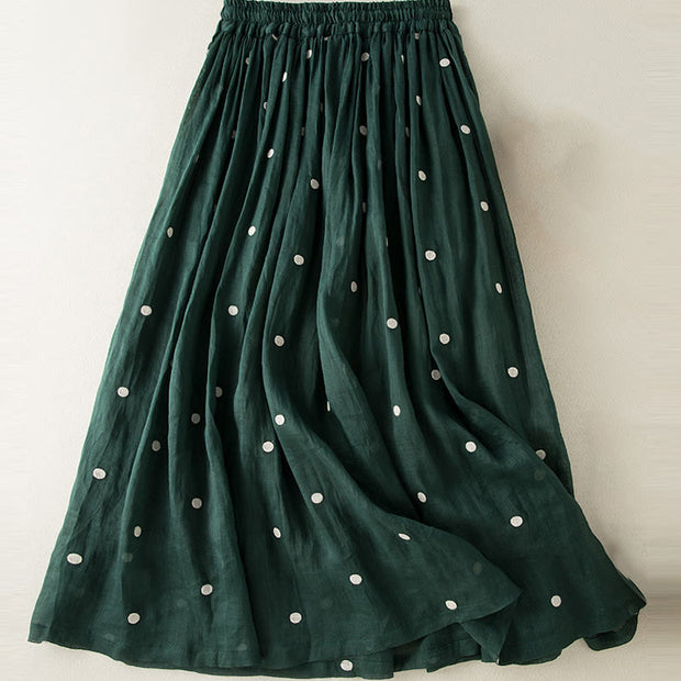 Buddha Stones Artistic Vintage Dot Pattern Women's Cotton Linen Pleated Skirt