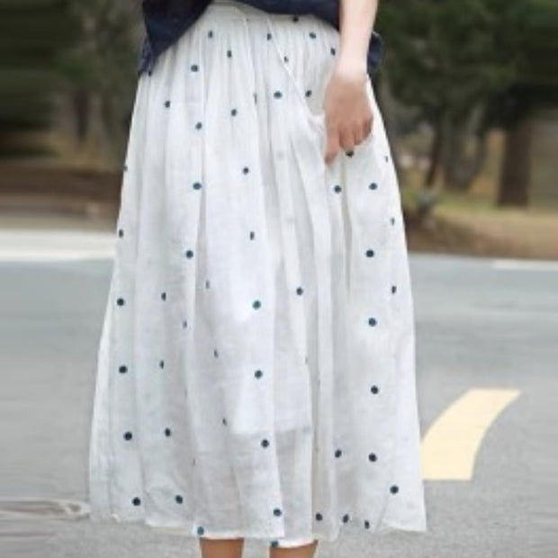 Buddha Stones Artistic Vintage Dot Pattern Women's Cotton Linen Pleated Skirt