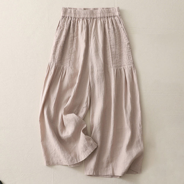 Buddha Stones Casual Plain Tucker Pleats Elastic Women's Polyester Wide Leg Pants With Pockets