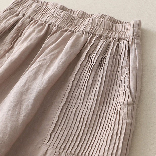 Buddha Stones Casual Plain Tucker Pleats Elastic Women's Polyester Wide Leg Pants With Pockets