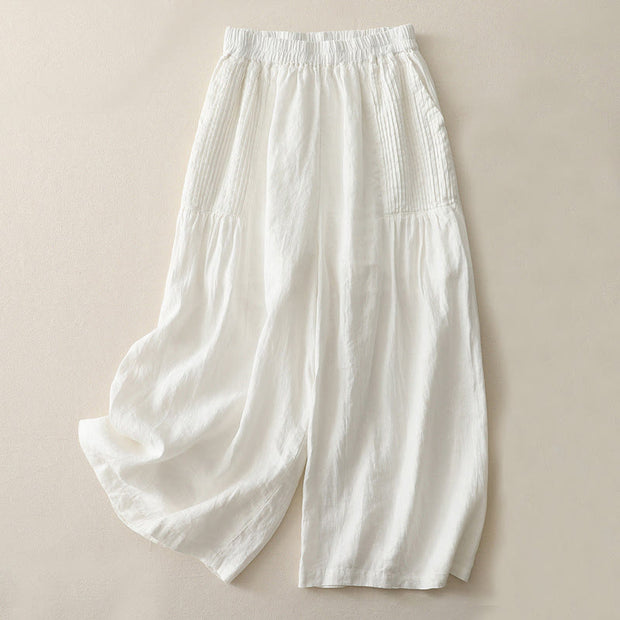 Buddha Stones Casual Plain Tucker Pleats Elastic Women's Polyester Wide Leg Pants With Pockets - White - US8-10，UK/AU12-14，EU40-42 (2XL) - image 5