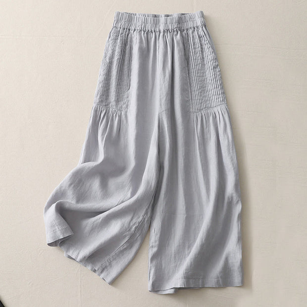 Buddha Stones Casual Plain Tucker Pleats Elastic Women's Polyester Wide Leg Pants With Pockets