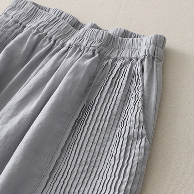 Buddha Stones Casual Plain Tucker Pleats Elastic Women's Polyester Wide Leg Pants With Pockets