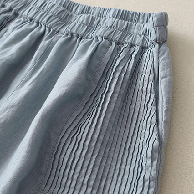 Buddha Stones Casual Plain Tucker Pleats Elastic Women's Polyester Wide Leg Pants With Pockets