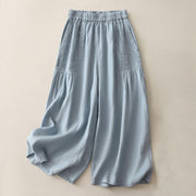 Buddha Stones Casual Plain Tucker Pleats Elastic Women's Polyester Wide Leg Pants With Pockets