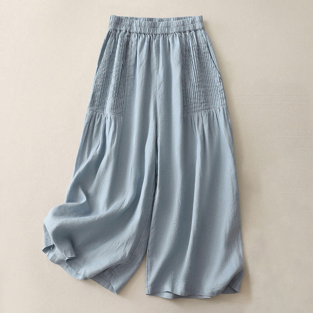 Buddha Stones Casual Plain Tucker Pleats Elastic Women's Polyester Wide Leg Pants With Pockets