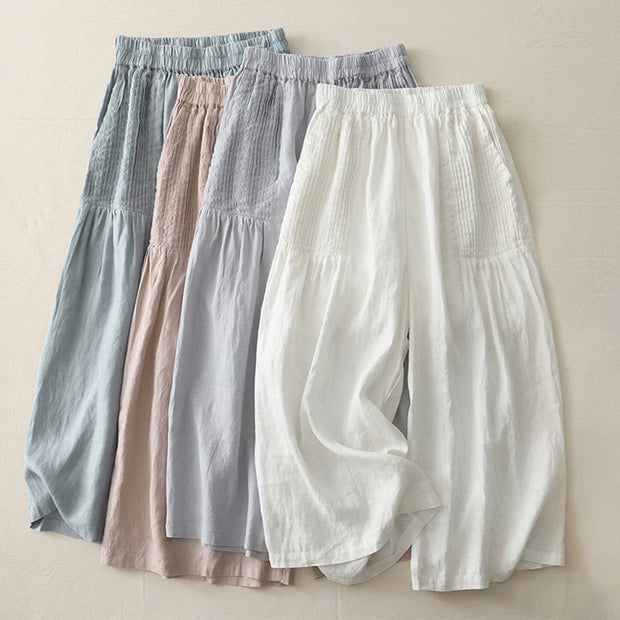 Buddha Stones Casual Plain Tucker Pleats Elastic Women's Polyester Wide Leg Pants With Pockets