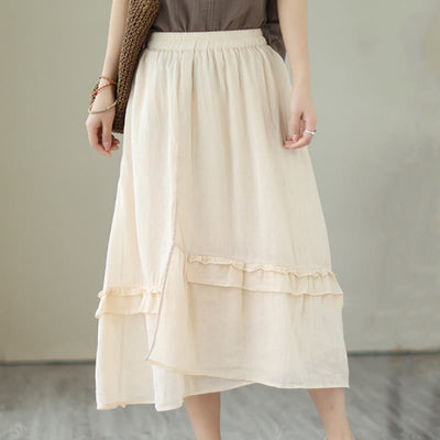 Buddha Stones Vintage Artistic Pure Color Ruffled Design Irregular Women's Cotton Linen Skirt