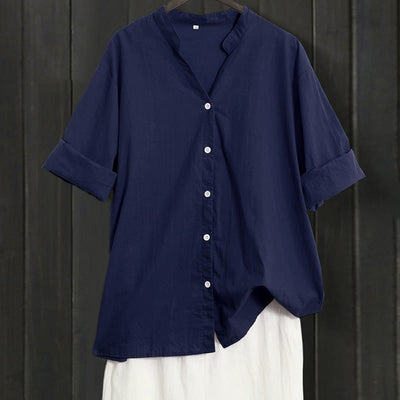 Buddha Stones Summer Casual Plain Breasted Notched Collar Short Sleeve Women's Cotton Linen Shirt
