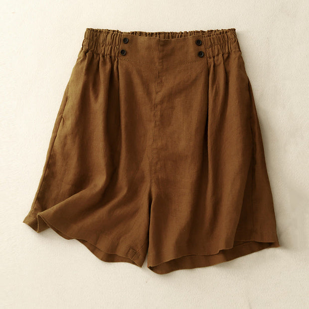 Buddha Stones Summer Casual Pleat Plain Cotton Linen Women's Shorts With Pockets