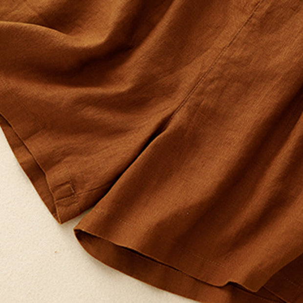 Buddha Stones Summer Casual Pleat Plain Cotton Linen Women's Shorts With Pockets