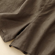 Buddha Stones Summer Casual Pleat Plain Cotton Linen Women's Shorts With Pockets