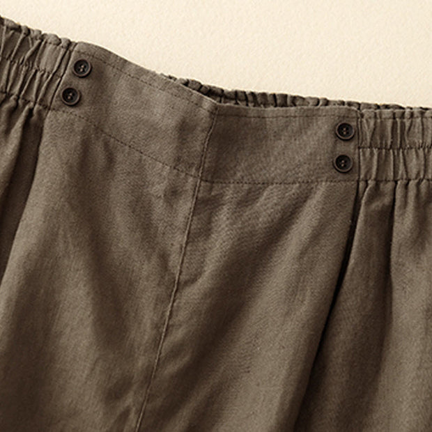 Buddha Stones Summer Casual Pleat Plain Cotton Linen Women's Shorts With Pockets