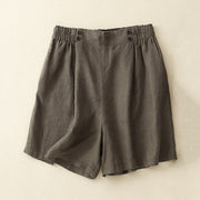 Buddha Stones Summer Casual Pleat Plain Cotton Linen Women's Shorts With Pockets