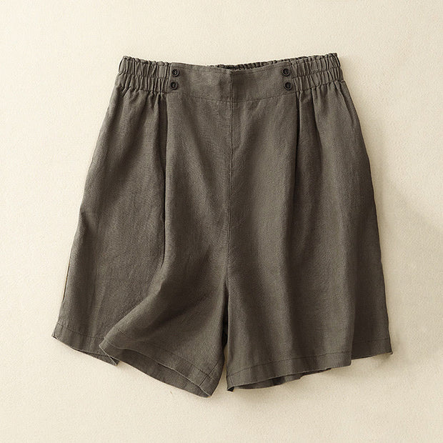 Buddha Stones Summer Casual Pleat Plain Cotton Linen Women's Shorts With Pockets