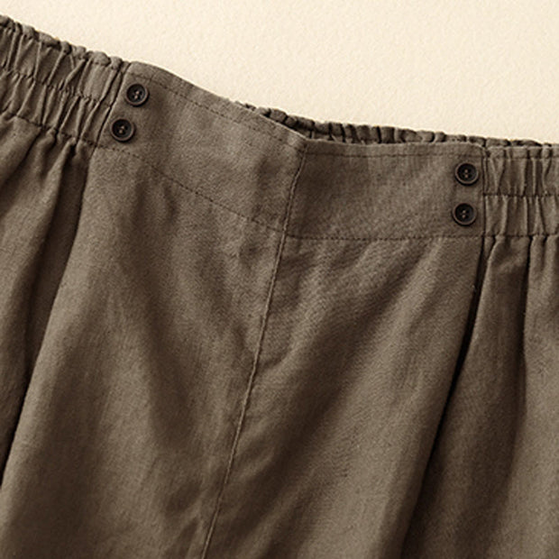 Buddha Stones Summer Casual Pleat Plain Cotton Linen Women's Shorts With Pockets