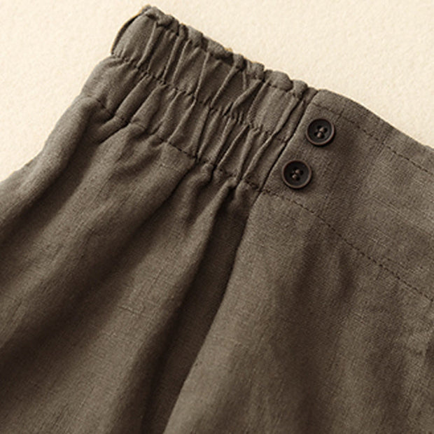 Buddha Stones Summer Casual Pleat Plain Cotton Linen Women's Shorts With Pockets