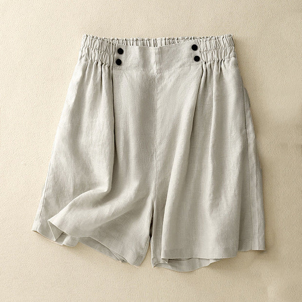 Buddha Stones Summer Casual Pleat Plain Cotton Linen Women's Shorts With Pockets