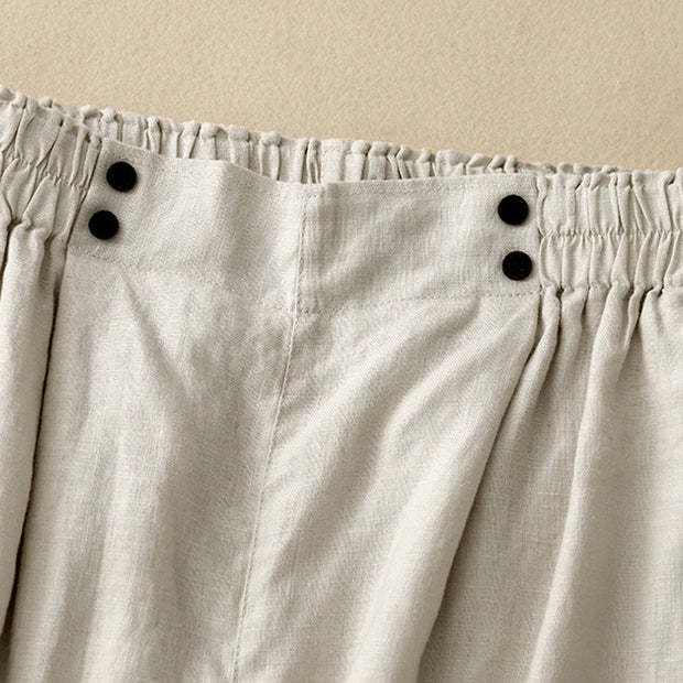 Buddha Stones Summer Casual Pleat Plain Cotton Linen Women's Shorts With Pockets