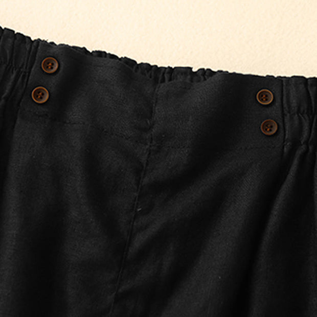 Buddha Stones Summer Casual Pleat Plain Cotton Linen Women's Shorts With Pockets