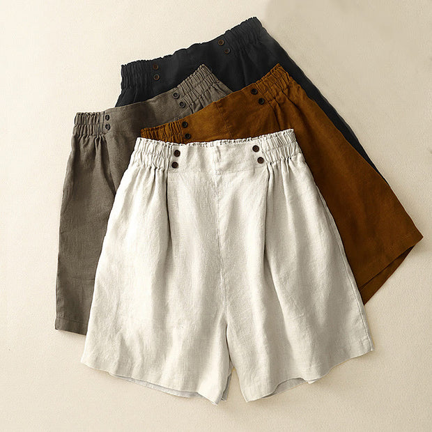 Buddha Stones Summer Casual Pleat Plain Cotton Linen Women's Shorts With Pockets