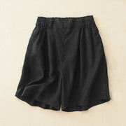Buddha Stones Summer Casual Pleat Plain Cotton Linen Women's Shorts With Pockets