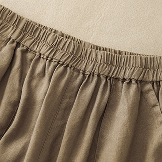 Buddha Stones Summer Casual Plain Cotton Linen Women's Elasti Straight Shorts With Pockets