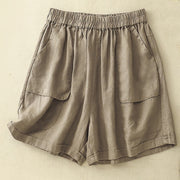 Buddha Stones Summer Casual Plain Cotton Linen Women's Elasti Straight Shorts With Pockets