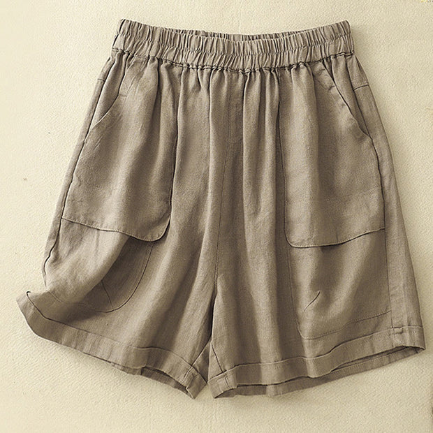 Buddha Stones Summer Casual Plain Cotton Linen Women's Elasti Straight Shorts With Pockets