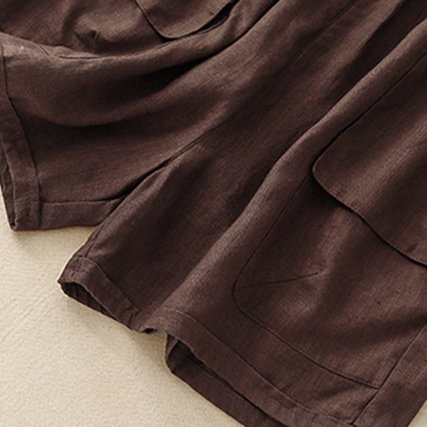 Buddha Stones Summer Casual Plain Cotton Linen Women's Elasti Straight Shorts With Pockets