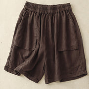 Buddha Stones Summer Casual Plain Cotton Linen Women's Elasti Straight Shorts With Pockets