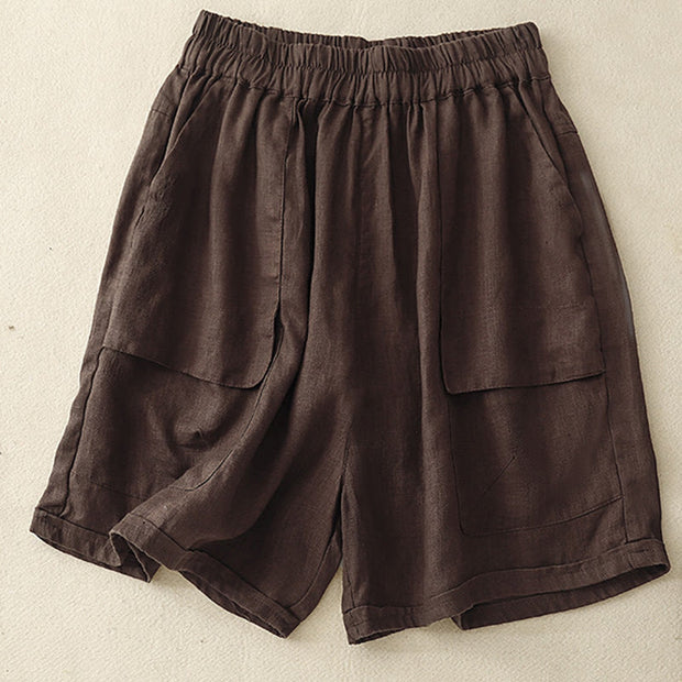 Buddha Stones Summer Casual Plain Cotton Linen Women's Elasti Straight Shorts With Pockets