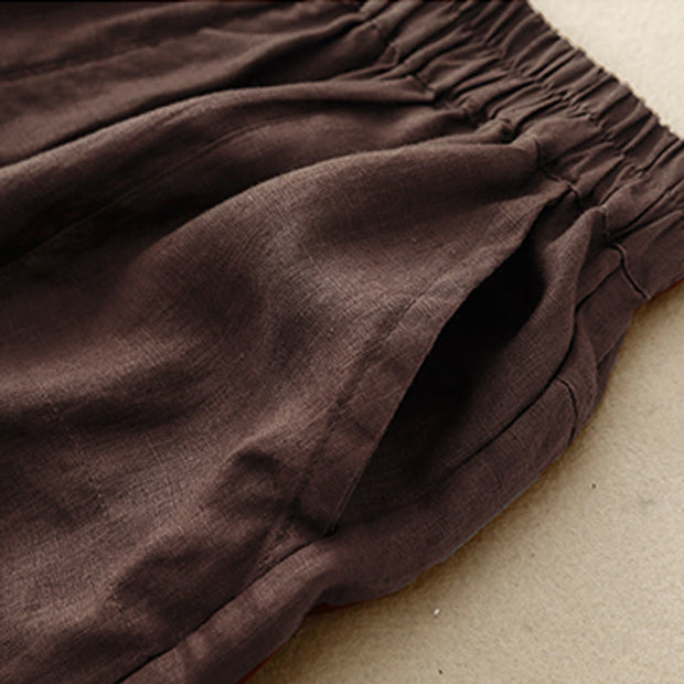 Buddha Stones Summer Casual Plain Cotton Linen Women's Elasti Straight Shorts With Pockets