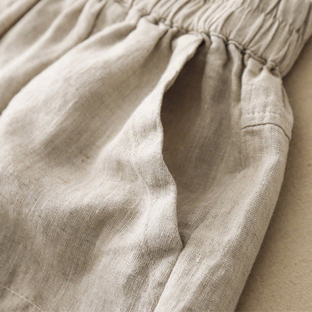Buddha Stones Summer Casual Plain Cotton Linen Women's Elasti Straight Shorts With Pockets