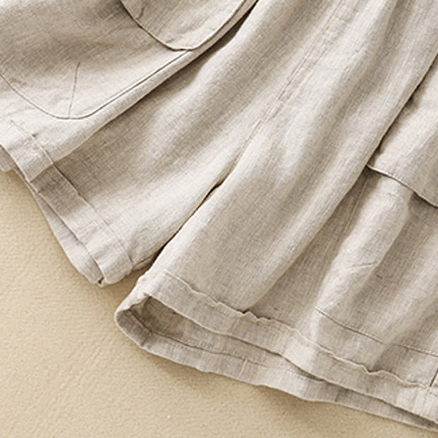 Buddha Stones Summer Casual Plain Cotton Linen Women's Elasti Straight Shorts With Pockets