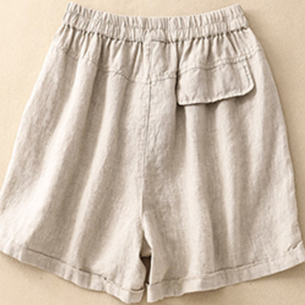 Buddha Stones Summer Casual Plain Cotton Linen Women's Elasti Straight Shorts With Pockets