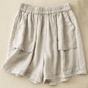 Buddha Stones Summer Casual Plain Cotton Linen Women's Elasti Straight Shorts With Pockets