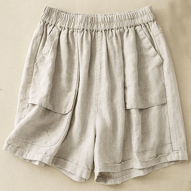 Buddha Stones Summer Casual Plain Cotton Linen Women's Elasti Straight Shorts With Pockets