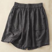 Buddha Stones Summer Casual Plain Cotton Linen Women's Elasti Straight Shorts With Pockets