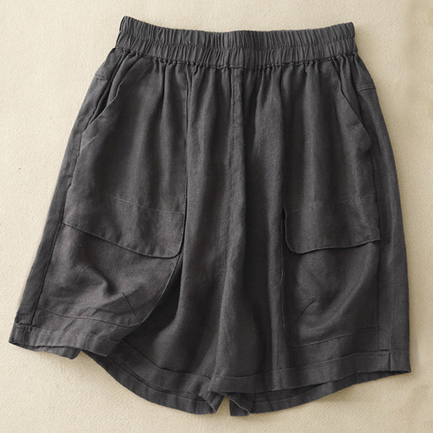Buddha Stones Summer Casual Plain Cotton Linen Women's Elasti Straight Shorts With Pockets