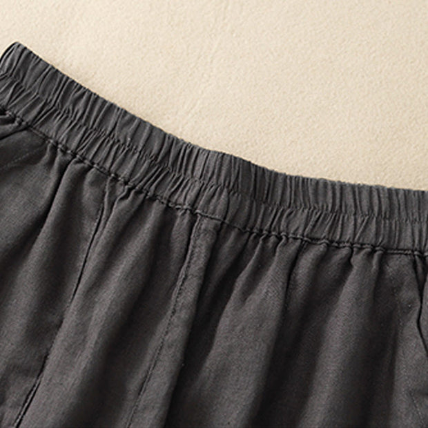 Buddha Stones Summer Casual Plain Cotton Linen Women's Elasti Straight Shorts With Pockets