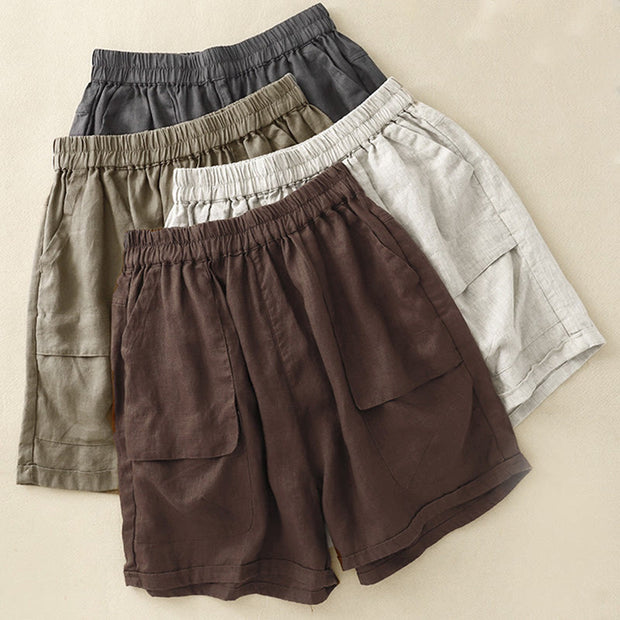 Buddha Stones Summer Casual Plain Cotton Linen Women's Elasti Straight Shorts With Pockets