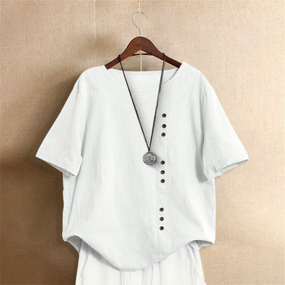 Buddha Stones Casual Summer Pure Color Jacquard Button Crew Neck Cotton Women's Short Sleeve T-Shirt